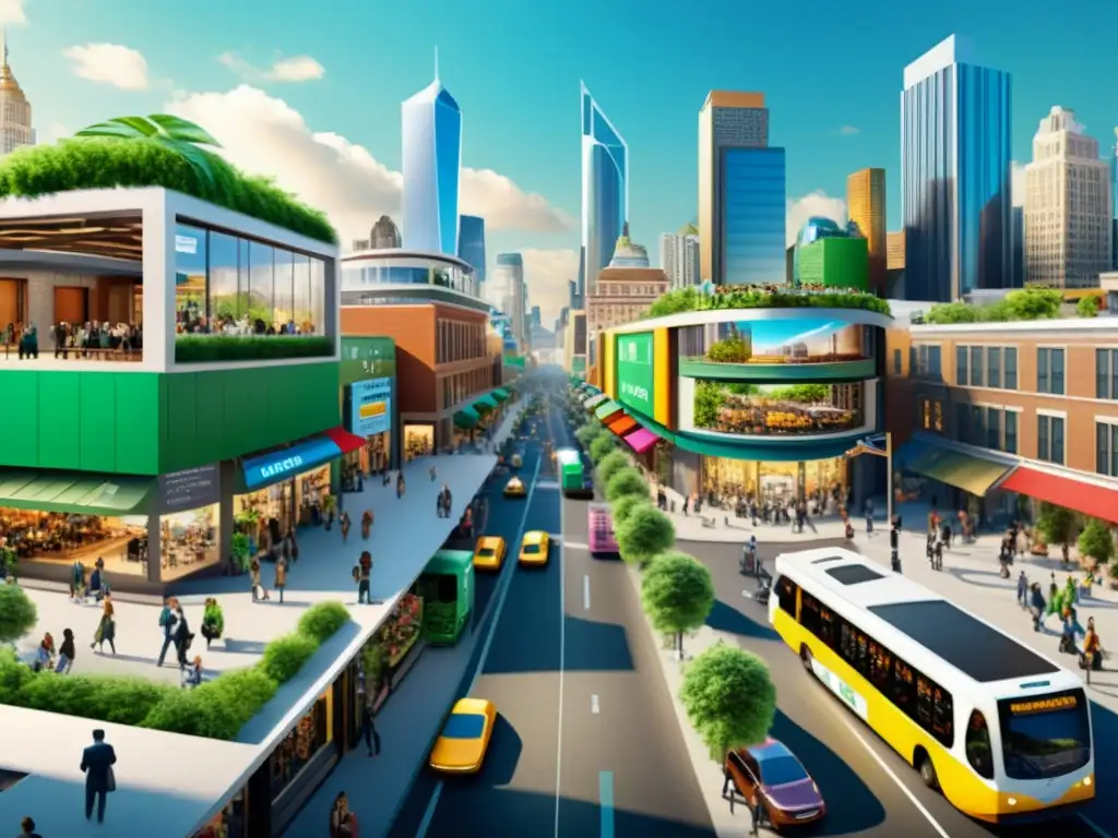 Panorámica de una ciudad moderna con empresas con valores éticos, edificios ecológicos y prácticas sostenibles