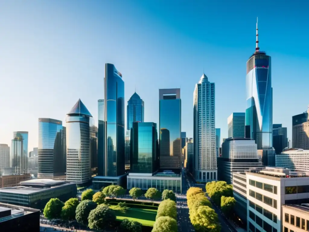 Panorámica de una ciudad moderna con rascacielos, profesionales colaborando y comunicación transparente, evocando ética en la competencia empresarial
