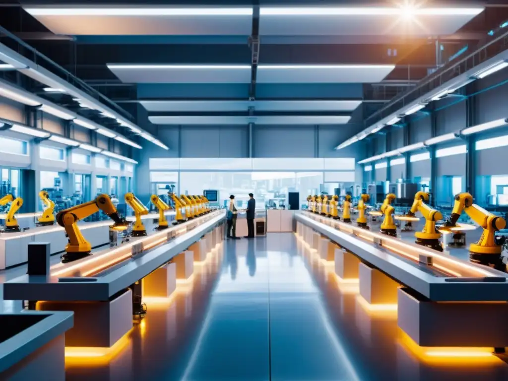 Panorámica de una fábrica futurista, donde trabajadores humanos y brazos robóticos avanzados colaboran en un suave resplandor etéreo, mostrando la compleja interacción entre automatización y trabajo humano