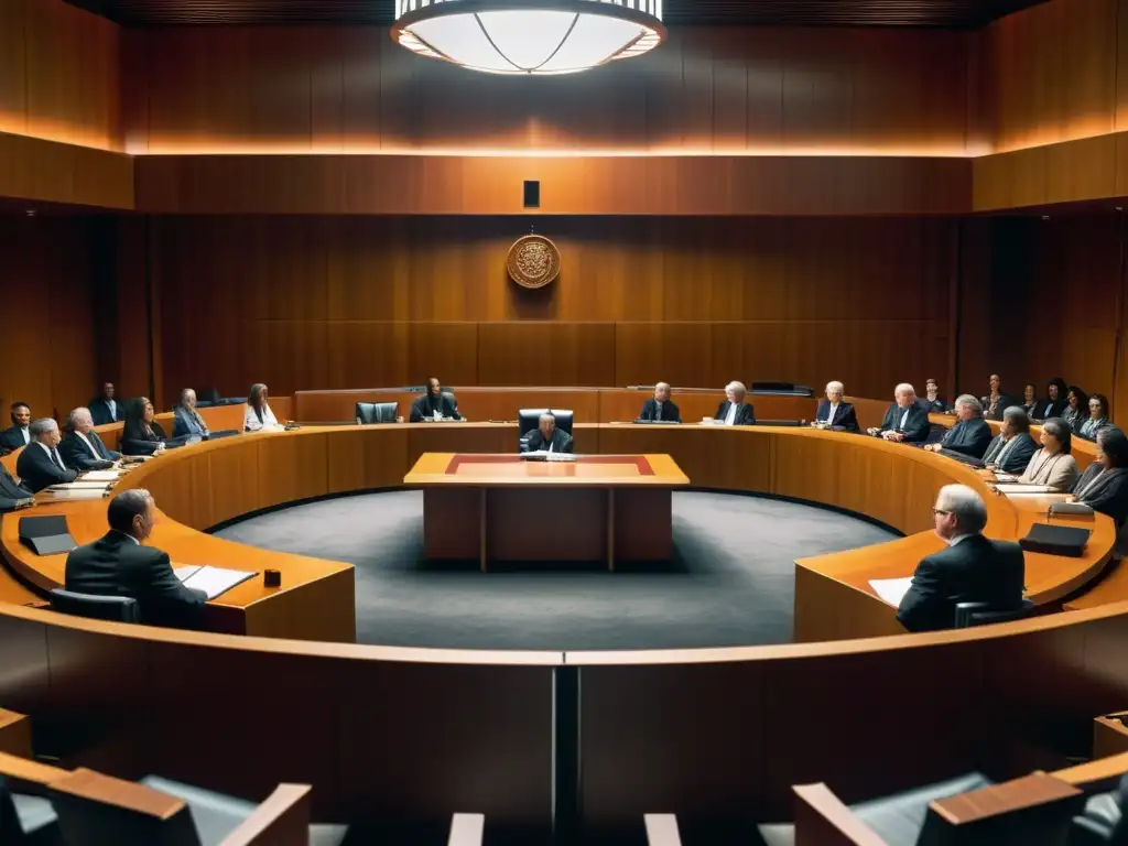 Panorámica de una moderna sala de tribunal llena de personas, capturando la tensión y la gravedad del proceso judicial