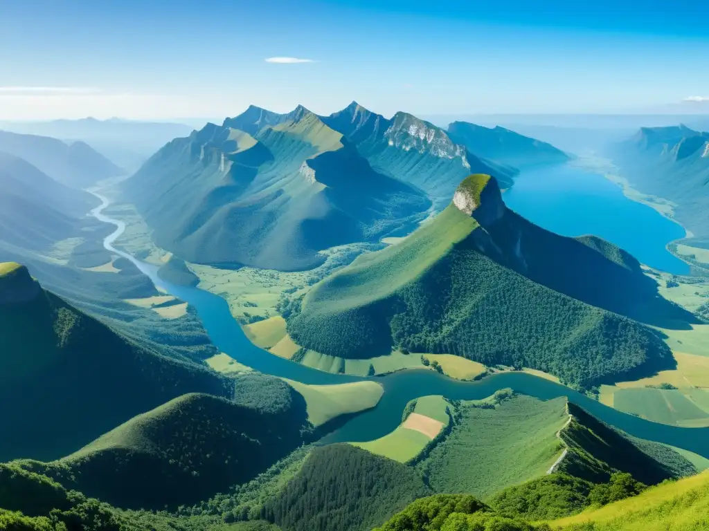 Panorámica montañosa: expanse verde, ríos, cielo azul
