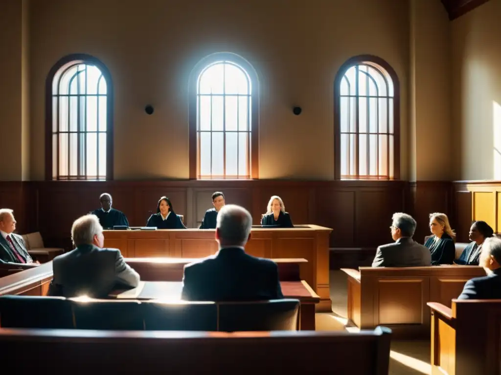 Panorámica de una sala de tribunal con el juez presidiendo y rostros tensos, la luz natural crea una atmósfera dramática