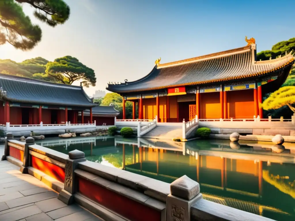 Panorámica serena del antiguo Templo de Confucio, con luz cálida sobre la arquitectura china tradicional y jardines pacíficos