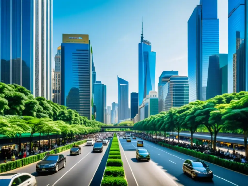 Paradoja de crecimiento: ciudad bulliciosa y naturaleza serena, reflejando la filosofía económica y la sostenibilidad ambiental