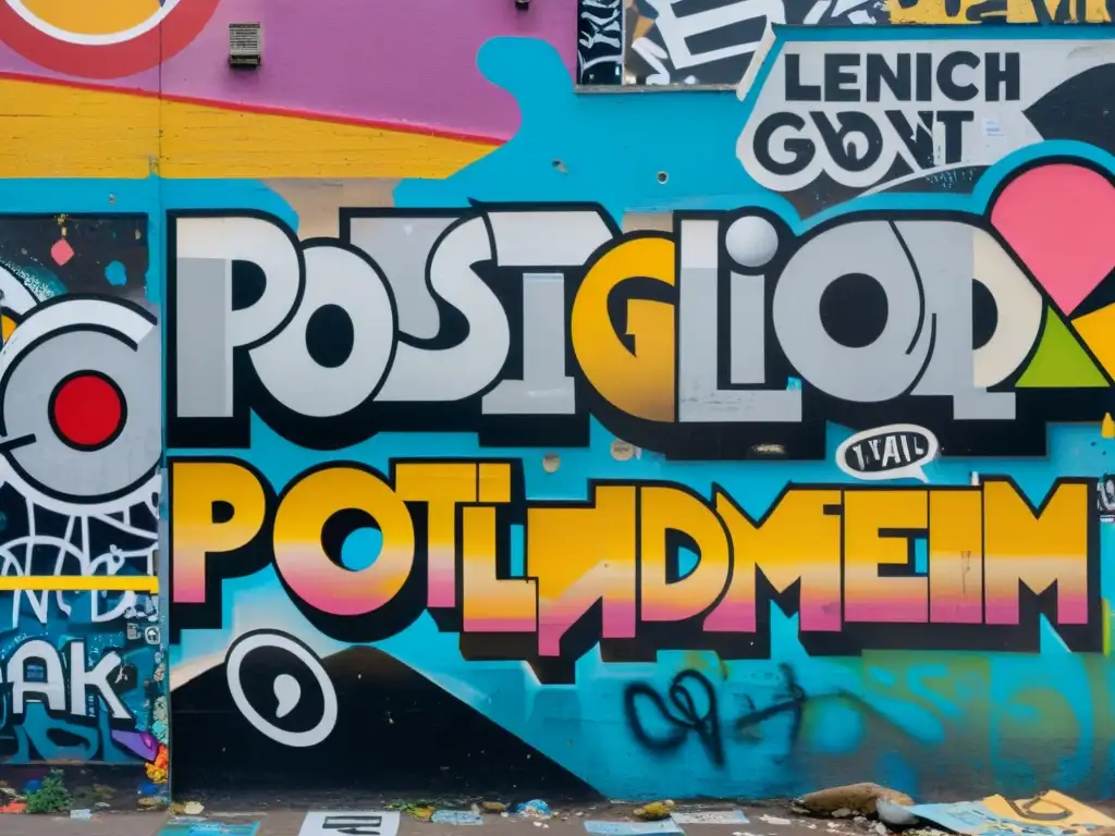 Pared urbana graffiteada con capas de posters, stickers y pintura, capturando la energía cruda del postmodernismo