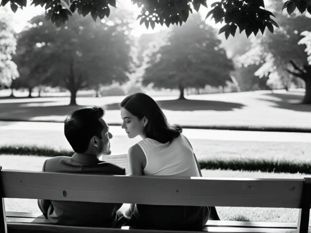 Una pareja en un banco de parque, en profunda conversación con un libro filosófico entre ellos