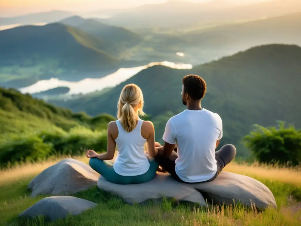 Una pareja medita en la cima de la montaña al atardecer, mostrando los beneficios de la meditación en las relaciones personales