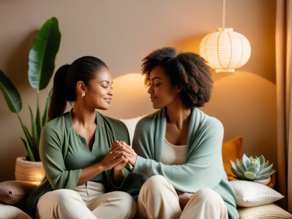 Una pareja practica meditación mindfulness en un espacio acogedor, fortaleciendo su conexión en paz y armonía