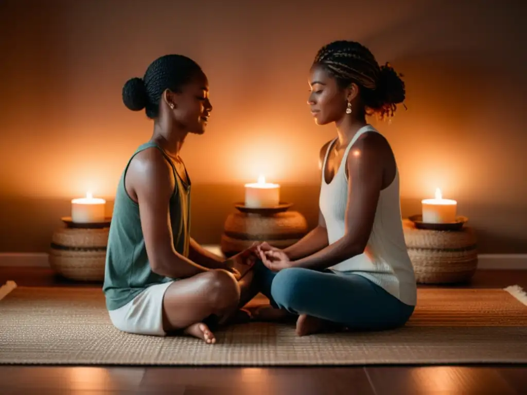 Una pareja en meditación mindfulness, con los ojos cerrados y manos entrelazadas en una habitación tranquila y acogedora iluminada por velas