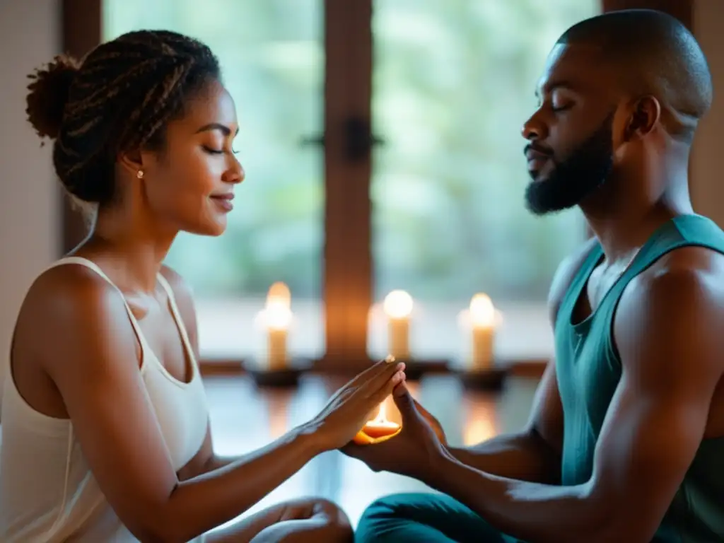 Una pareja practica meditación mindfulness en pareja, con los ojos cerrados y las manos entrelazadas, en un entorno sereno iluminado por velas