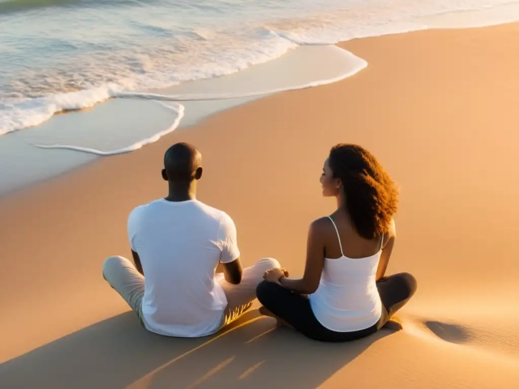Una pareja medita en la playa al atardecer, transmitiendo armonía y conexión
