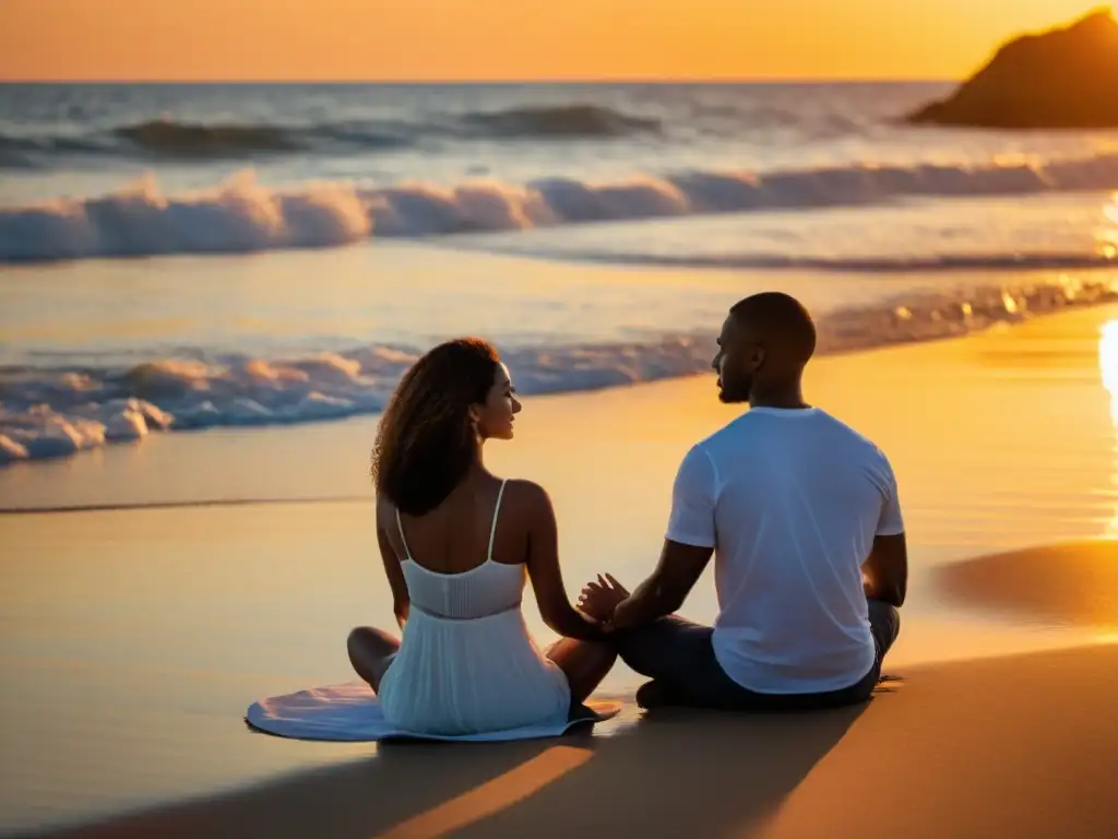 Pareja meditando en la playa al atardecer, fortaleciendo su conexión con la meditación mindfulness en pareja