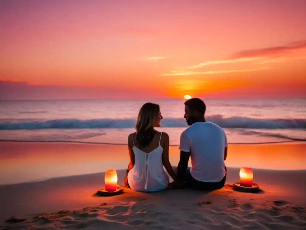 Una pareja medita en la playa al atardecer, con el mar sereno de fondo y candelabros
