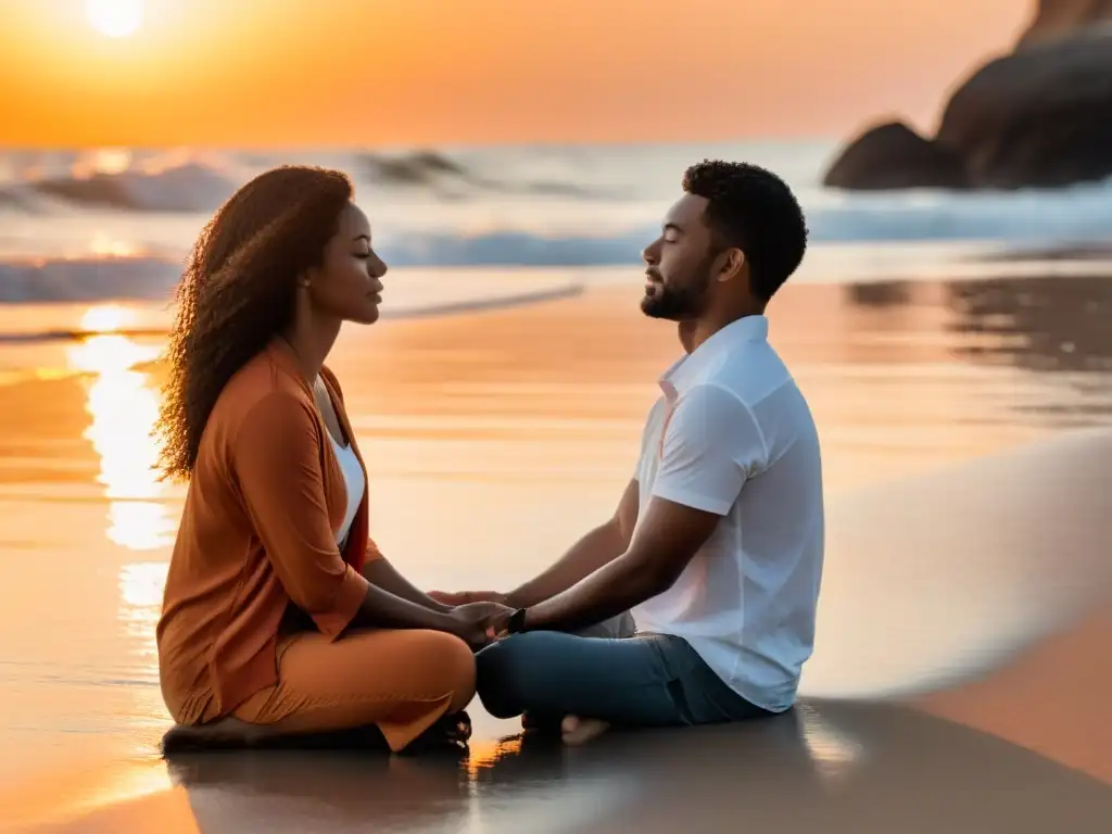 Una pareja medita en la playa al atardecer, con los ojos cerrados y las manos unidas, creando un ambiente de conexión y tranquilidad