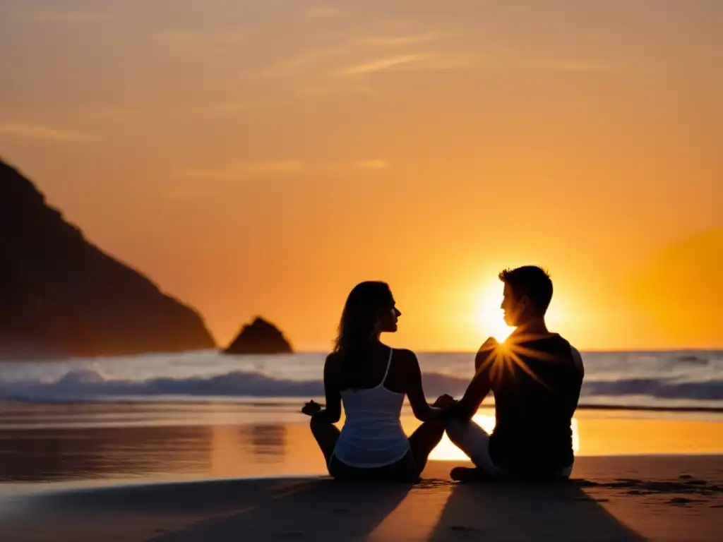 Una pareja medita en la playa al atardecer, expresando conexión y tranquilidad