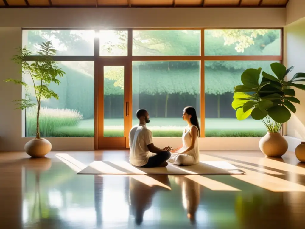 Pareja meditando en serena habitación iluminada por el sol, promoviendo los beneficios de la meditación en relaciones personales