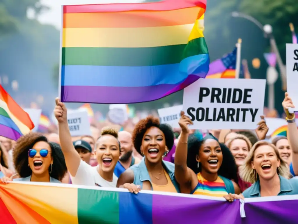 Participantes en desfile del orgullo LGBTQ+ sosteniendo carteles de apoyo