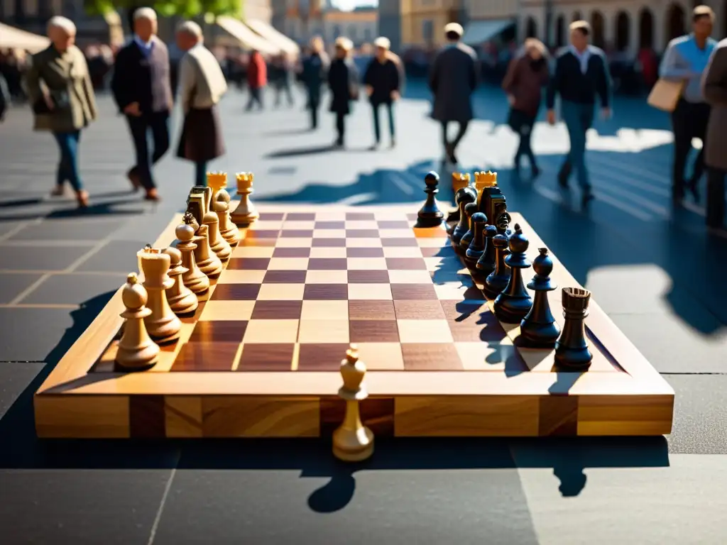 Partida de ajedrez en la plaza de la ciudad, símbolo de estrategias filosóficas para la toma de decisiones