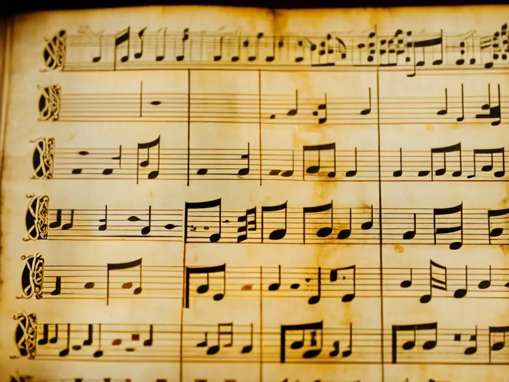Partitura renacentista en pergamino envejecido, con notas musicales y símbolos delicadamente entrelazados