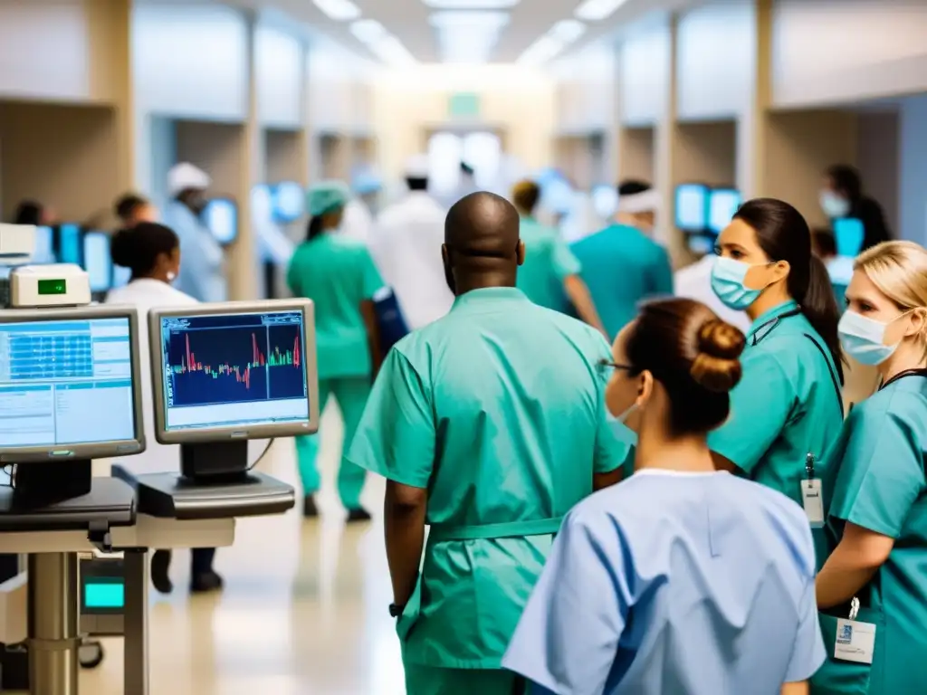 Un pasillo de hospital lleno de personal médico atendiendo a pacientes, con un ambiente de urgencia y determinación