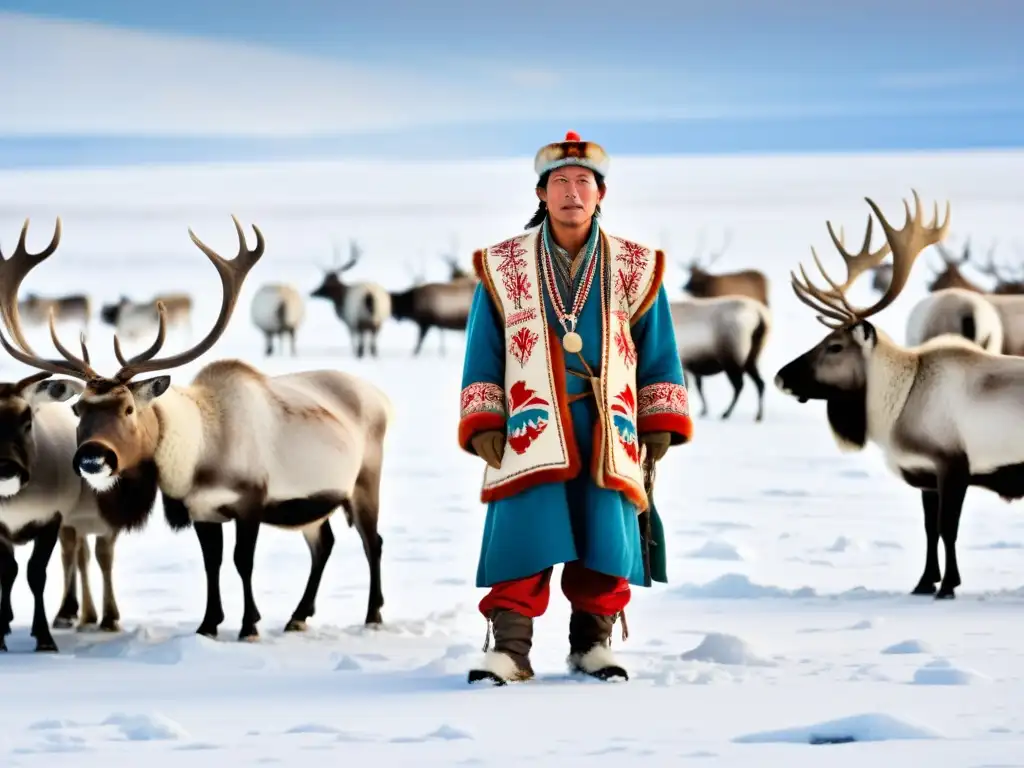 Un pastor de renos Nenets en la vasta tundra nevada de Siberia, rodeado de majestuosos renos