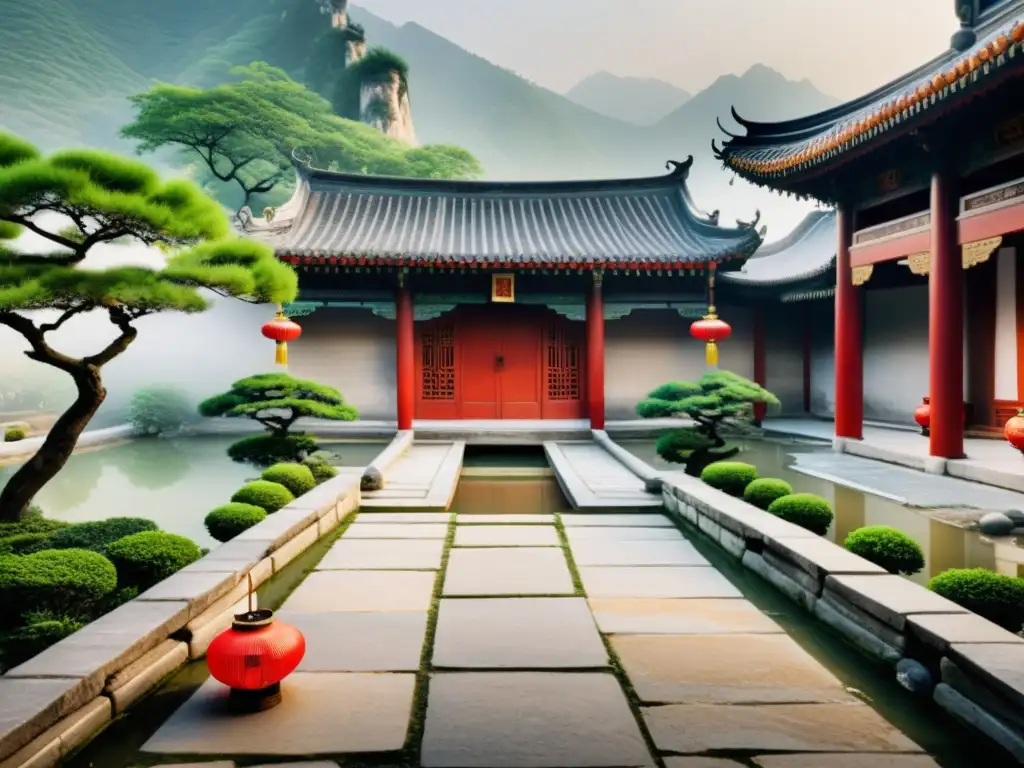 Un patio chino antiguo con camino de piedra, vegetación exuberante y faroles rojos