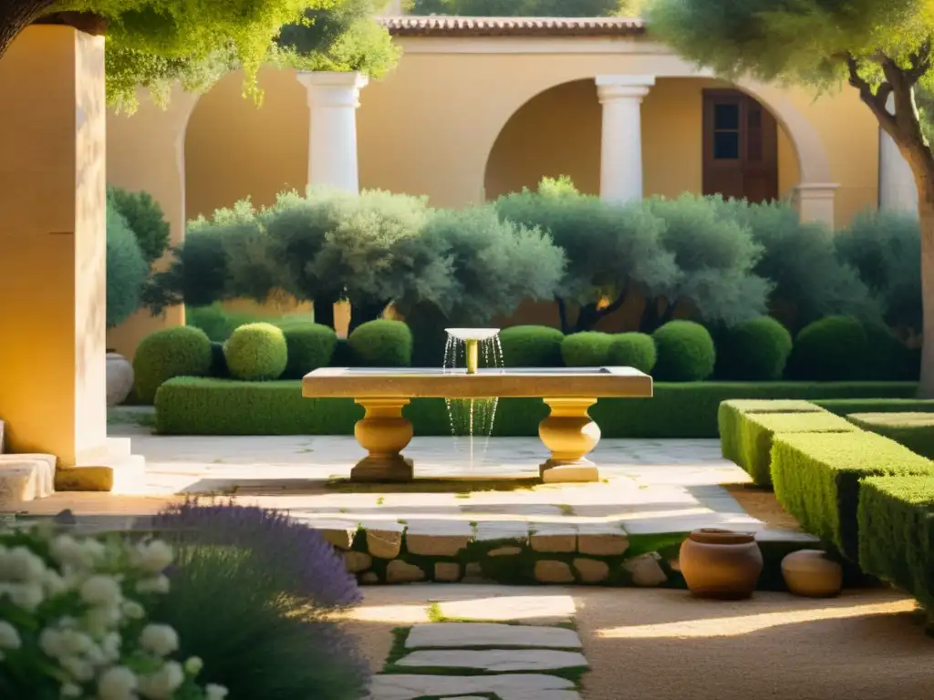 Un patio griego antiguo con columnas de piedra, jardín sereno, banco de madera y fuente