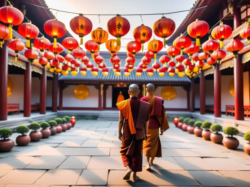 Un patio sereno y adornado de un templo budista, con coloridos faroles en tonos naranja y rojo iluminados por el sol poniente