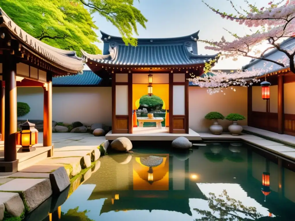 Un patio sereno con arquitectura oriental, puertas de madera tallada, pilares de piedra, estanque de peces koi y árboles de cerezo