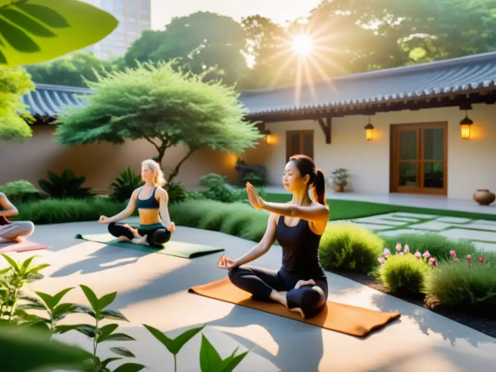 Un patio sereno bañado por el sol, donde personas practican yoga y Tai Chi