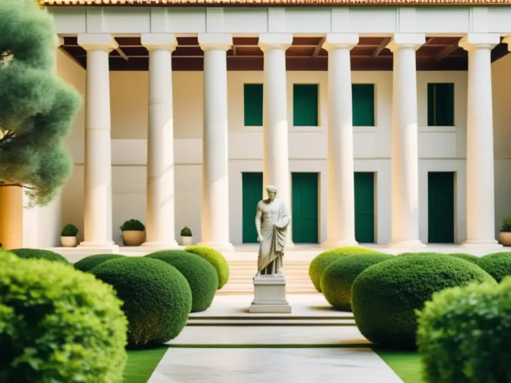 Un patio sereno bañado por el sol con columnas griegas antiguas y una estatua de mármol de Epicuro entre exuberante vegetación