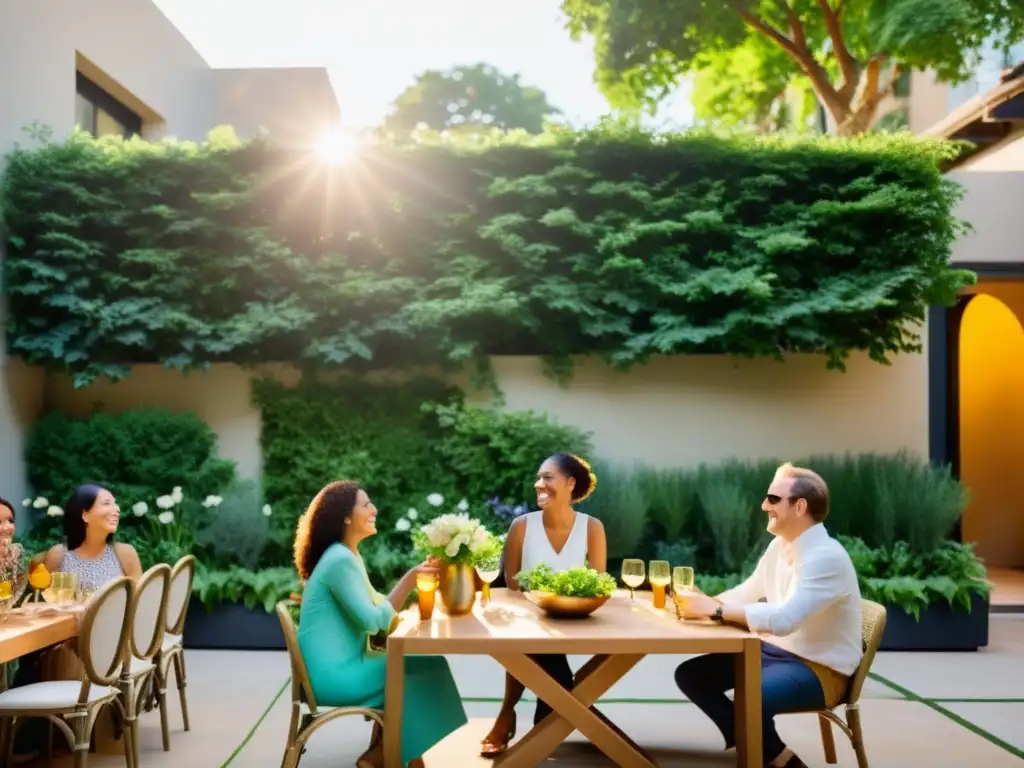 Un patio sereno con gente disfrutando de la compañía y la conversación, encarnando la Filosofía de Epicuro para la felicidad