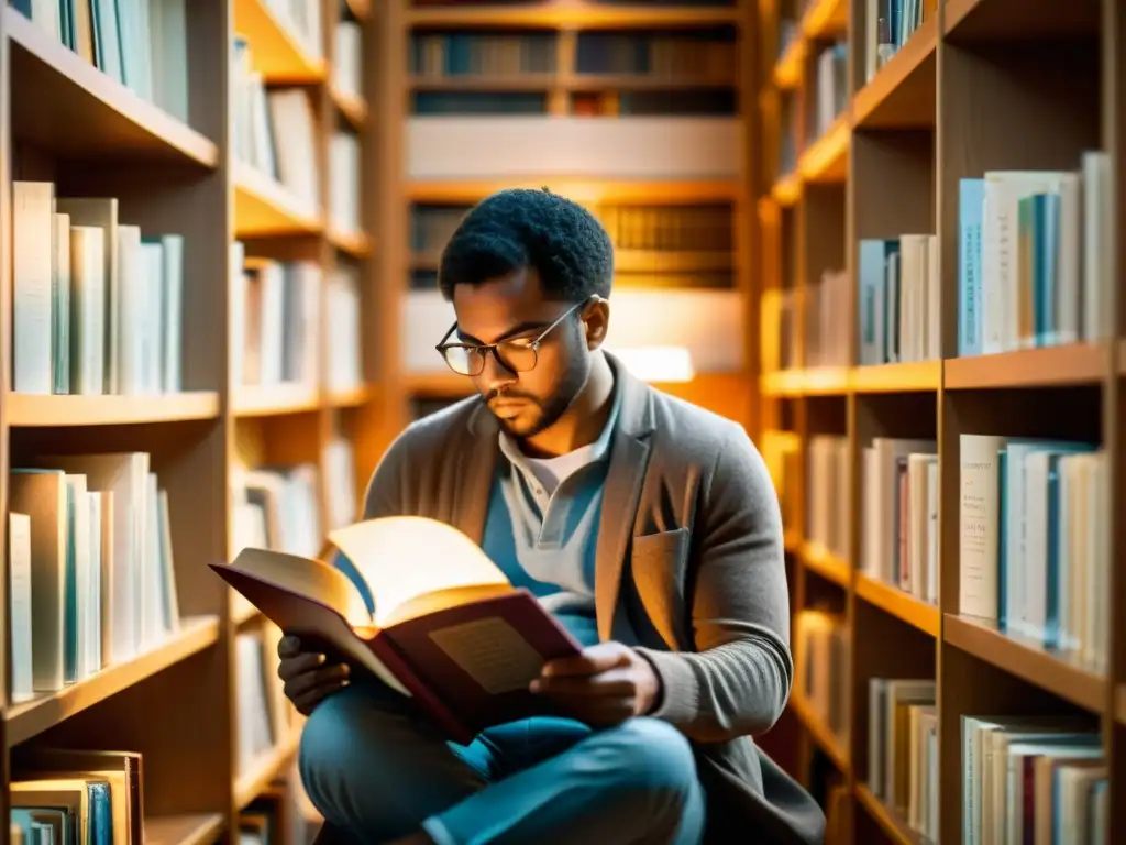 Un pensador inmerso en reflexión, rodeado de publicaciones filosóficas esenciales en una biblioteca acogedora