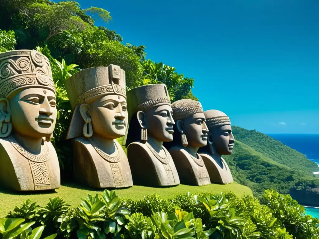 Pensadores precolombinos del Caribe: estatuas de piedra con expresiones serenas y elaborados tocados, en una colina verde con vista al mar Caribe