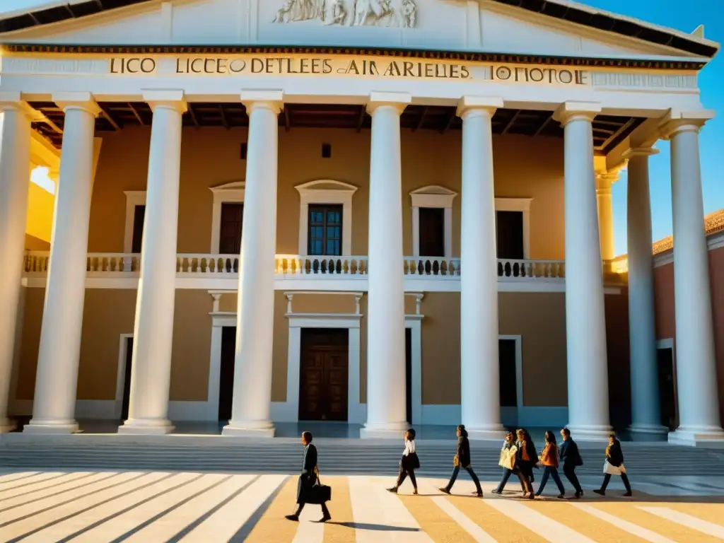Pensamiento educativo en el Liceo de Aristóteles: antiguos pilares y estudiantes inmersos en discusiones filosóficas bajo la luz del sol