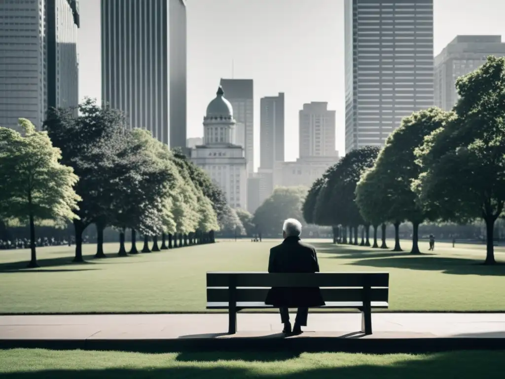 Pensamiento existencialista en la era moderna: persona reflexiva en banco de ciudad rodeada de rascacielos en blanco y negro