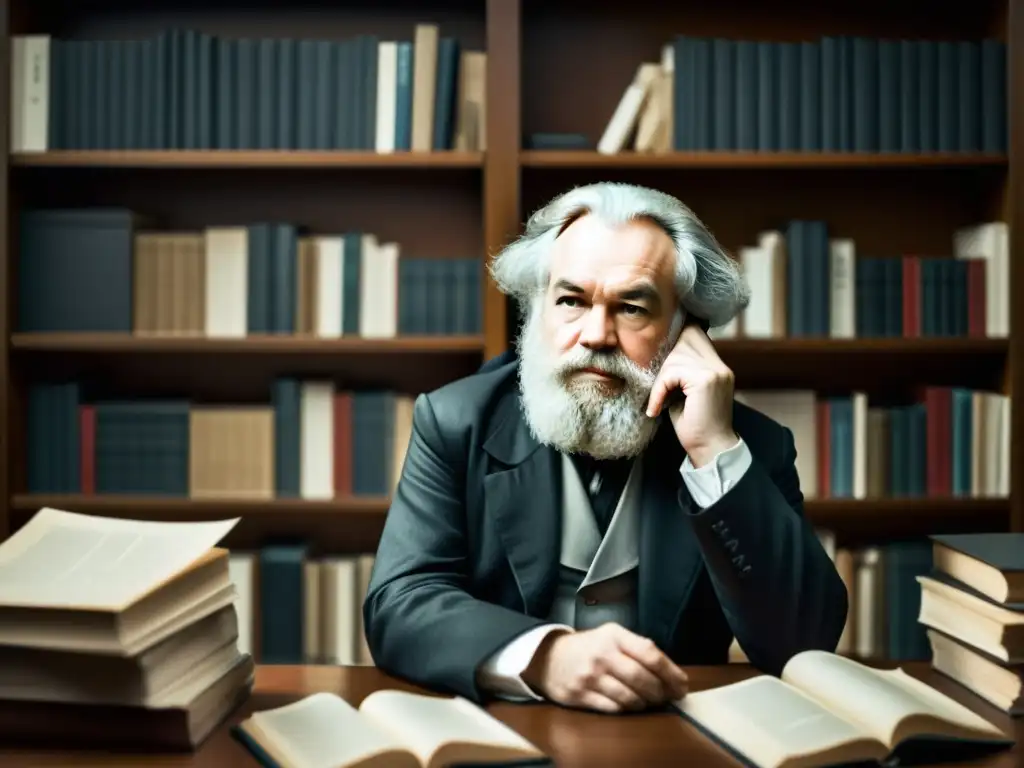Karl Marx absorto en sus pensamientos, rodeado de libros y papeles