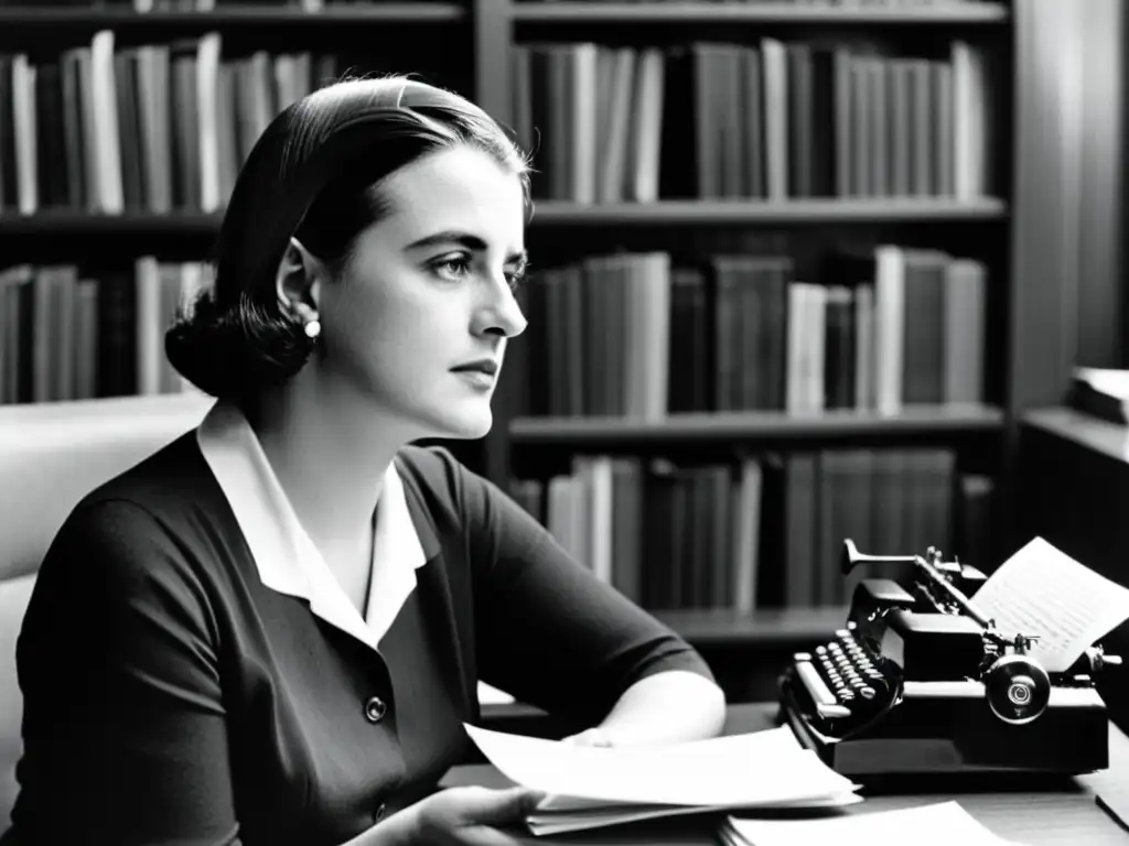 Ayn Rand, pensativa junto a una máquina de escribir y libros, encarna la aplicación de la filosofía de Ayn Rand en la década de 1950