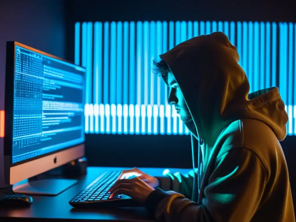 En la penumbra, una persona en capucha es iluminada por la pantalla de un ordenador