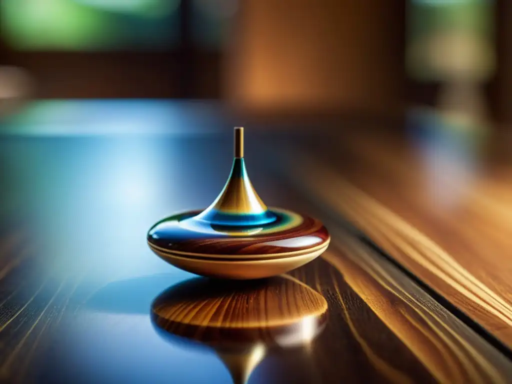 Una peonza balanceada en una superficie de madera, con detalles intrincados y reflejos de luz, evocando la filosofía de la mente en Inception