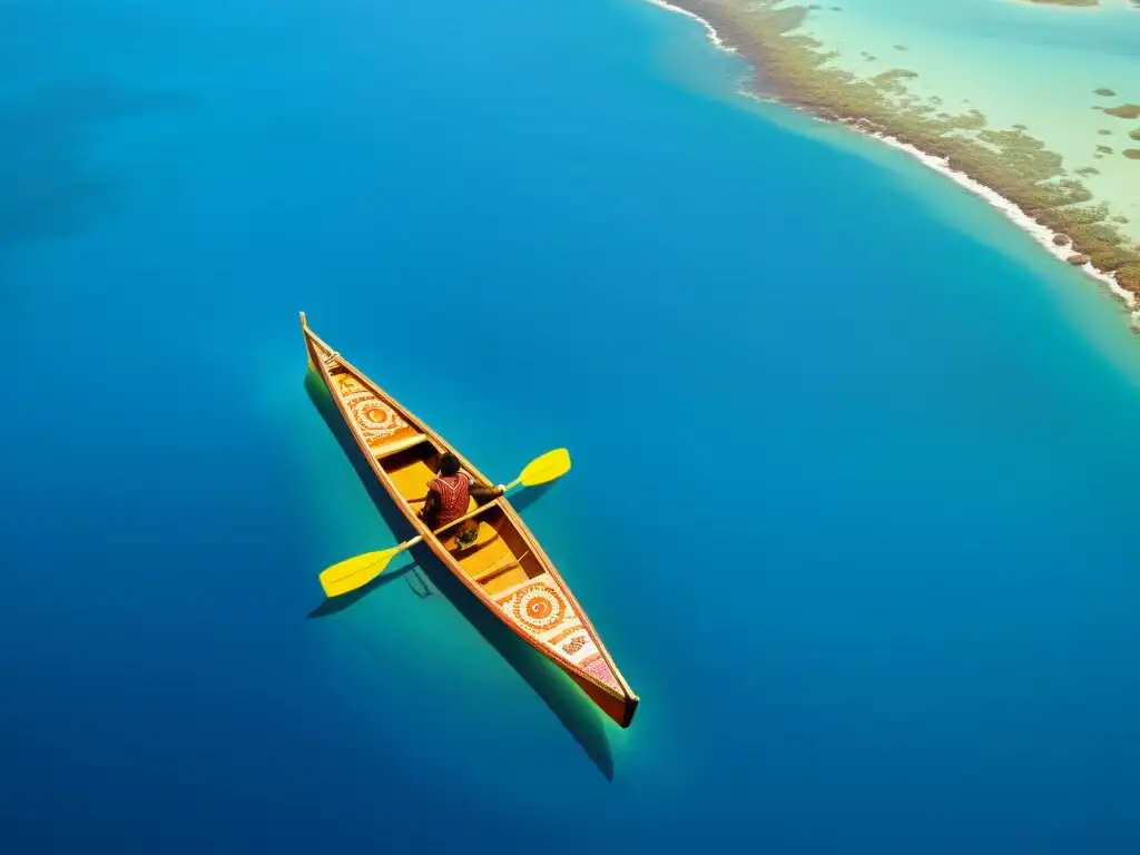 Un pequeño canoa aborigen navega en un vasto océano azul bajo un cielo despejado, representando la navegación espiritual en el mundo aborigen