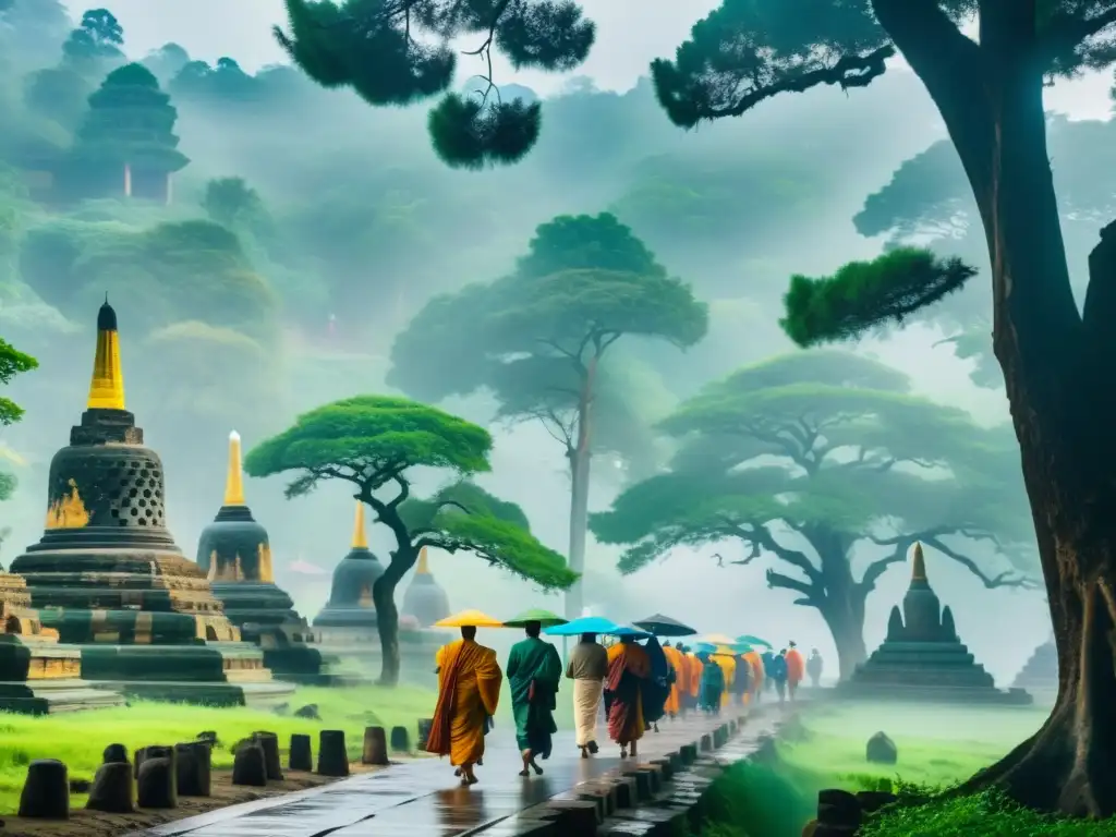Peregrinación budista en paisaje neblinoso con árboles verdes y antiguas estupas de piedra