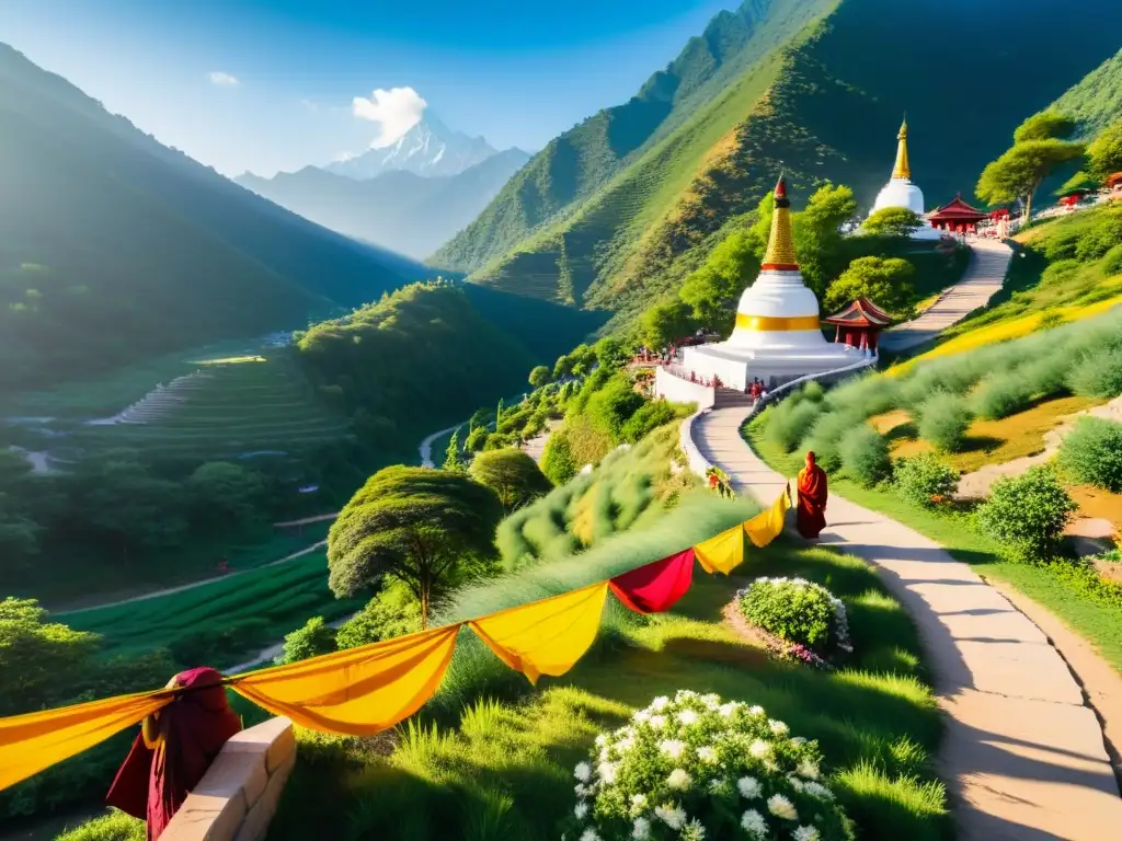 Peregrinación entre montañas con estupa budista, oración y serenidad en un entorno natural
