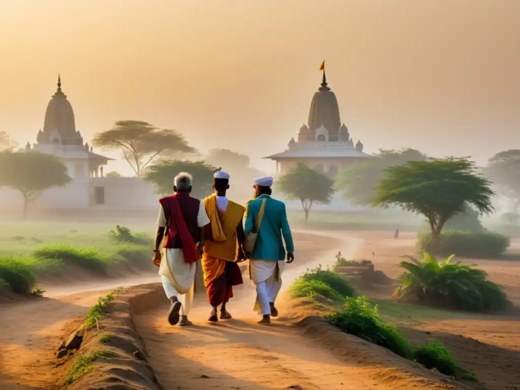 Peregrinaje en la India: vibrantes colores de los peregrinos contrastan con el paisaje polvoriento, evocando determinación y espiritualidad