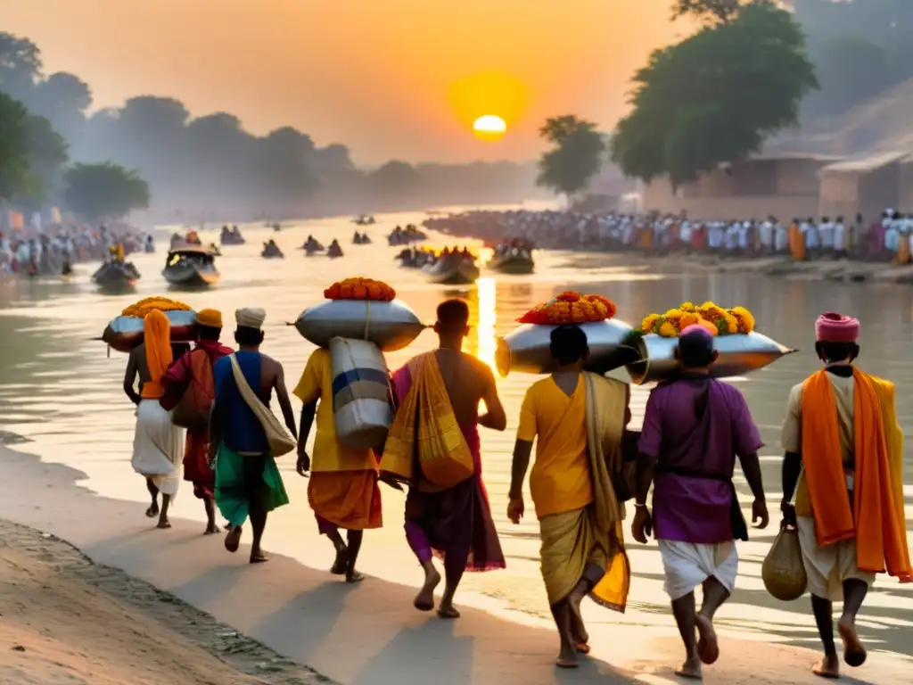 Peregrinos hindú en el Camino hacia liberación espiritual, a orillas del sagrado río Ganges al atardecer