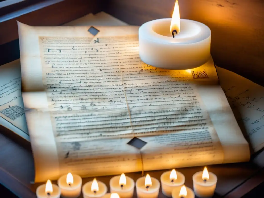 Un pergamino antiguo con filosofía, iluminado por velas