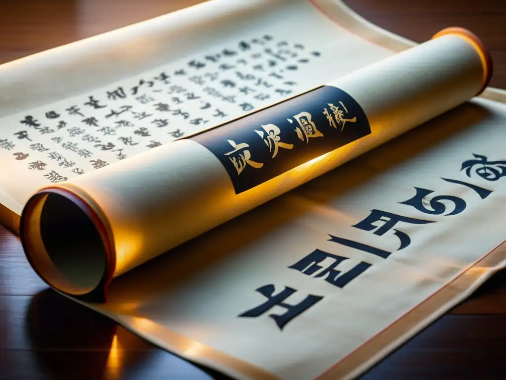 Un pergamino vintage iluminado por luz natural muestra textos clásicos del confucianismo, con detalles delicados y caracteres intrincados