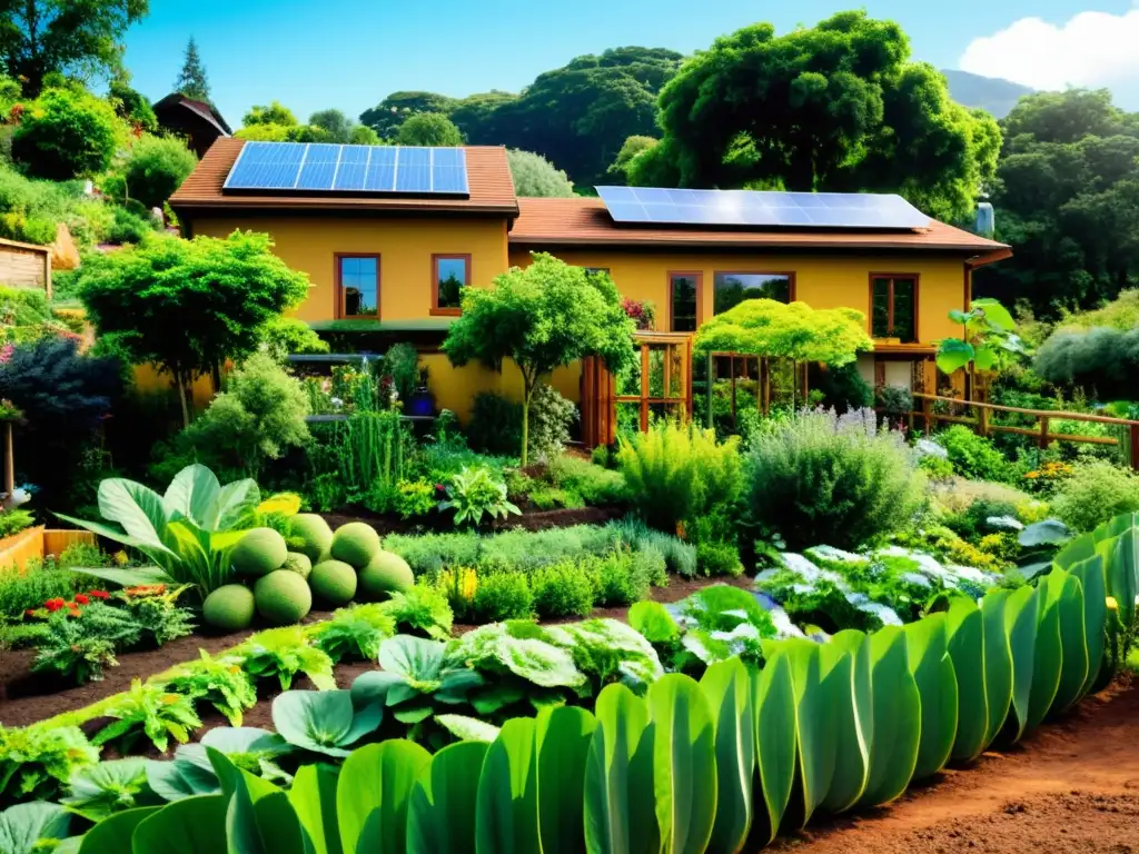 Un jardín de permacultura exuberante, con diversa vida vegetal y elementos sostenibles