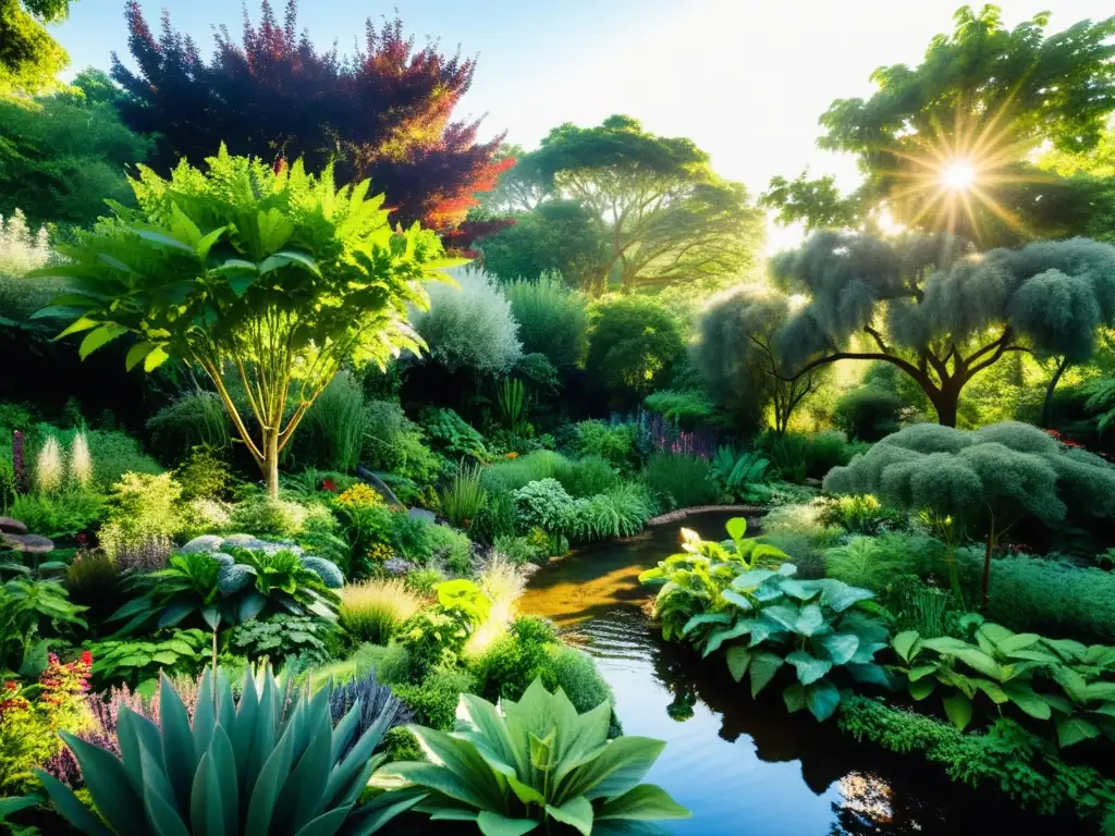 Un jardín de permacultura exuberante, con una diversidad de plantas nativas y hortalizas, bañado por la luz del sol