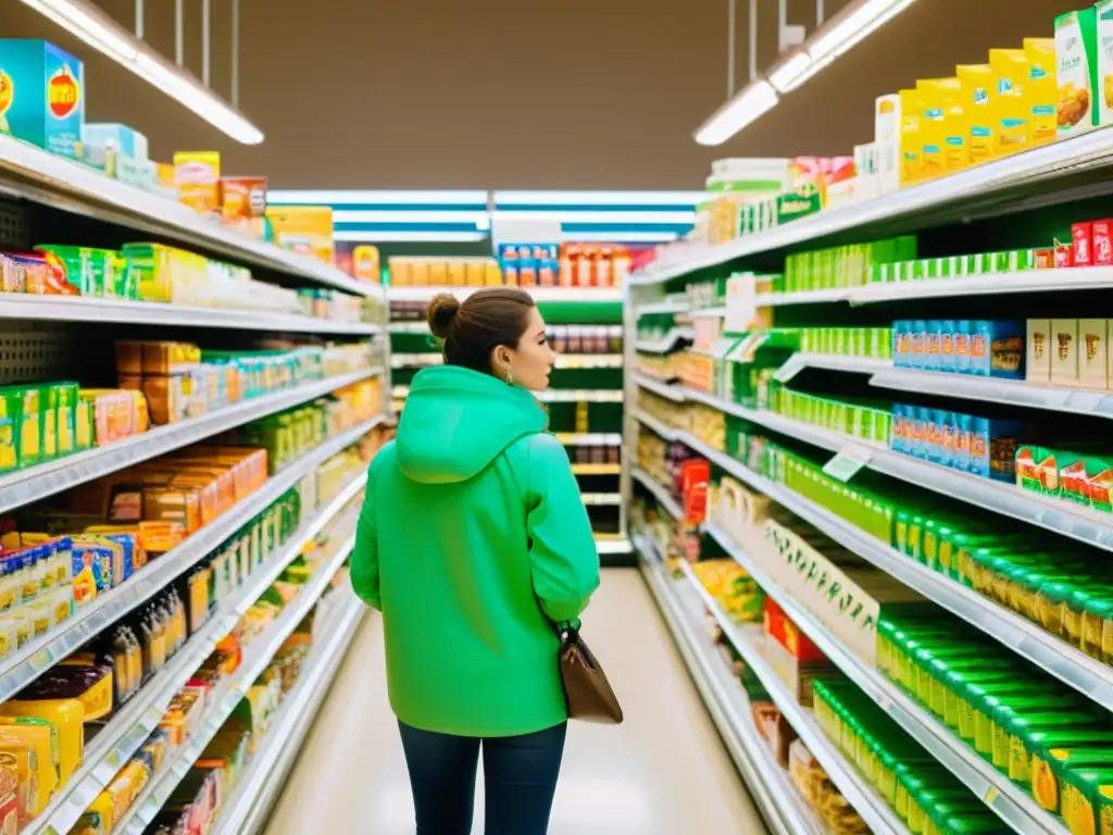 Persona abrumada por la elección de productos en un supermercado, reflejando la filosofía de Schopenhauer para reducir ansiedad